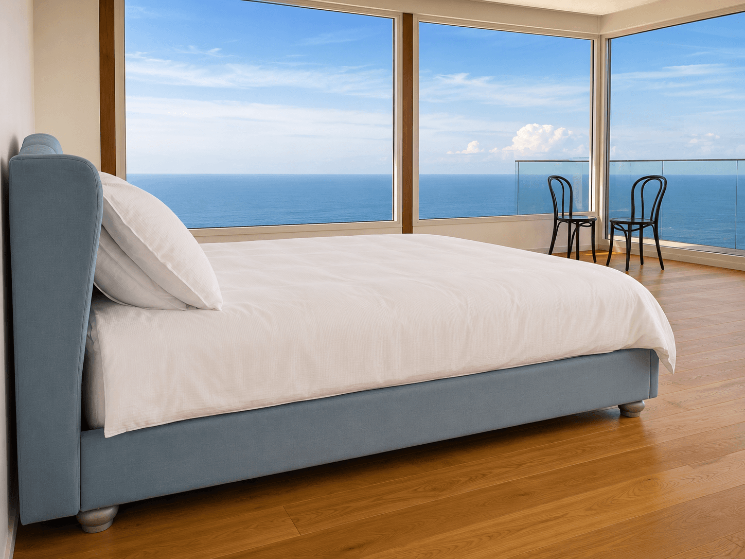 Minimalist bedroom with ocean view