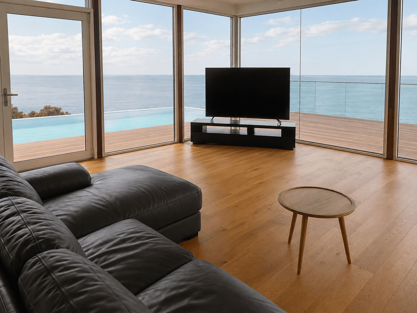 Sunlit living room with ocean view